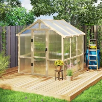 Outsunny 6.6 x 6ft Polycarbonate Greenhouse Wooden Green House with Thickened Polycarbonate Sheets, Lockable Door, Brown(m-9)