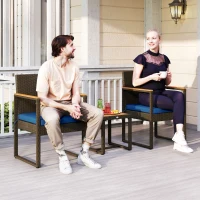 Outsunny 3 Pieces Wicker Patio Furniture Set, Rattan Bistro Set w/ Acacia Wood Table & Removable Cushions, Dark Blue(m-10)
