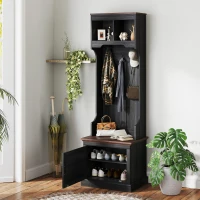 HOMCOM 3-in-1 Hall Tree with Shoe Storage, Coat Rack with Bench, Entryway Furniture with Five Hooks, Black Wood Grain(m-2)