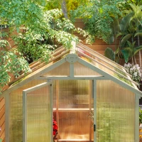 Outsunny 6.6 x 6ft Polycarbonate Greenhouse Wooden Green House with Thickened Polycarbonate Sheets, Lockable Door, Brown(m-10)