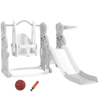 Qaba 4 in 1 Toddler Slide and Swing Set with Climber, Basketball Hoop, Rabbit Themed Kids Playset for Ages 1.5-4, Gray(m-12)