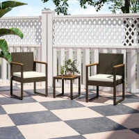 Outsunny 3 Pieces Wicker Patio Furniture Set, Rattan Bistro Set w/ Acacia Wood Table & Removable Cushions, White(m-1)