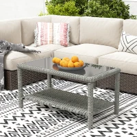 Outsunny 35" Outdoor Wicker Coffee Table with Glass Top, Storage Shelf for Garden Porch Balcony Deck, Dark Grey(m-7)