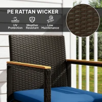 Outsunny 3 Pieces Wicker Patio Furniture Set, Rattan Bistro Set w/ Acacia Wood Table & Removable Cushions, Dark Blue(m-5)