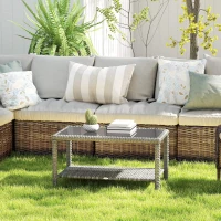 Outsunny 35" Outdoor Wicker Coffee Table with Glass Top, Storage Shelf for Garden Porch Balcony Deck, Dark Grey(m-10)