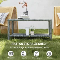 Outsunny 35" Outdoor Wicker Coffee Table with Glass Top, Storage Shelf for Garden Porch Balcony Deck, Dark Grey(m-5)