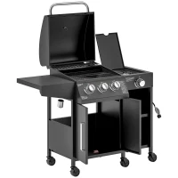 Outsunny 3 Burner Gas Grill with Side Burner, 9.5 KW Propane BBQ Grill, Cabinet Style with Shelves, Wheels, Instant Ignition(m-2)