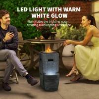 Outsunny Propane Fire Pit Table with Fountain, 15,000 BTU Outdoor Gas Fire Table with LED Light Adjustable Water Flow, Fire Fountain Water Feature with Decorative Glass Rocks, Grey(m-5)