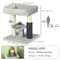 PawHut 19" Cat Tree with Sisal Scratching Post, Cat Tower Condo with Bed, Self Groomer, Perch, Dangling Ball, Grey(m-3)