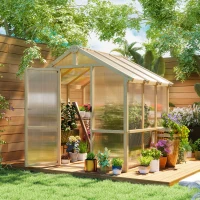 Outsunny 6.6 x 6ft Polycarbonate Greenhouse Wooden Green House with Thickened Polycarbonate Sheets, Lockable Door, Brown(m-1)