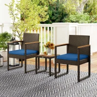Outsunny 3 Pieces Wicker Patio Furniture Set, Rattan Bistro Set w/ Acacia Wood Table & Removable Cushions, Dark Blue(m-8)