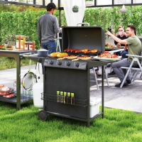 Outsunny 4+1 Burner Propane Gas BBQ Grill, Portable Gas Barbecue Grill with Side Burner, Thermometer, Lid, Side Table, Shelf, Spice Rack, Wheels, Grease Cup for Garden, Black
