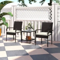 Outsunny 3 Piece Wicker Patio Furniture Set with Stackable Chairs, Washable Cushion, Tempered Glass Top, for Backyard, Brown(m-1)