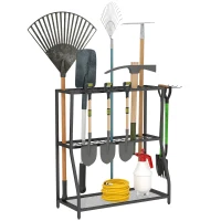 Outsunny 3-Tier Yard Tool Tower Rack, Garden Tool Organizer with Hooks for Long-Handled Rakes, Shovel, Broom, Black(m-11)