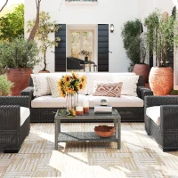 Outsunny 35" Outdoor Wicker Coffee Table with Glass Top, Storage Shelf for Garden Porch Balcony Deck, Dark Grey(m-9)