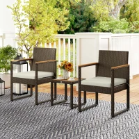 Outsunny 3 Pieces Wicker Patio Furniture Set, Rattan Bistro Set w/ Acacia Wood Table & Removable Cushions, White(m-8)
