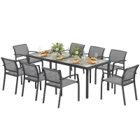 Outsunny 9 Pieces Patio Dining Set with Easy Clean Tabletop, 8 Stackable Chairs, for Garden, Backyard, Poolside, Deck, Grey(m-2)