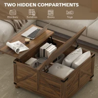 HOMCOM Coffee Table with Lift Top, 32" Farmhouse Center Table with Hidden Compartment for Living Room, Brown Wood Grain(m-5)