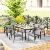 Outsunny 9 Pieces Patio Dining Set with Easy Clean Tabletop, 8 Stackable Chairs, for Garden, Backyard, Poolside, Deck, Grey(m-7)