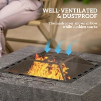 Outsunny Fire Pit with Fire Poker, Wood Burning Firepit for Outside with Mesh Lid, Magnesium Oxide Stone Texture, Charcoal Grey(m-5)