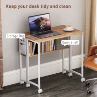 HOMCOM Folding Computer Desk, Foldable Desk with Storage Bag, Shelf and Wheels for Small Spaces, Home Office, Natural Wood(m-5)