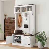 HOMCOM 3-in-1 Hall Tree with Shoe Storage, Coat Rack with Bench, Entryway Furniture with Five Hooks, White Wood Grain(m-2)