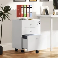 HOMCOM 3-Drawer Small Filing Cabinet with Lock, Vertical Office Storage Cabinet with Wheels for Home Office, White(m-1)