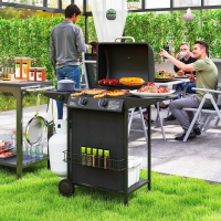 Outsunny 2+1 Burner Propane Gas BBQ Grill, Portable Gas Barbecue Grill with Side Burner, Thermometer, Lid, Side Table, Shelf, Spice Rack, Wheels, Grease Cup for Garden, Black