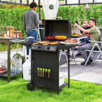 Outsunny 2+1 Burner Propane Gas BBQ Grill, Portable Gas Barbecue Grill with Side Burner, Thermometer, Lid, Side Table, Shelf, Spice Rack, Wheels, Grease Cup for Garden, Black(m-1)