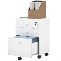 HOMCOM 3-Drawer Small Filing Cabinet with Lock, Vertical Office Storage Cabinet with Wheels for Home Office, White(m-2)