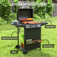 Outsunny 2+1 Burner Propane Gas BBQ Grill, Portable Gas Barbecue Grill with Side Burner, Thermometer, Lid, Side Table, Shelf, Spice Rack, Wheels, Grease Cup for Garden, Black(m-6)