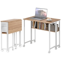 HOMCOM Folding Computer Desk, Foldable Desk with Storage Bag, Shelf and Wheels for Small Spaces, Home Office, Natural Wood