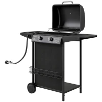 Outsunny 2+1 Burner Propane Gas BBQ Grill, Portable Gas Barbecue Grill with Side Burner, Thermometer, Lid, Side Table, Shelf, Spice Rack, Wheels, Grease Cup for Garden, Black(m-2)
