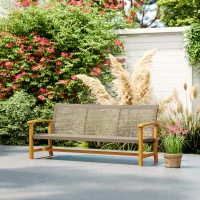 Outsunny 3-Seat Wicker Outdoor Couch Patio Sofa, Acacia Wood Patio Furniture with Steel Seat Armrests, 1000 LBS Capacity, Teak(m-10)