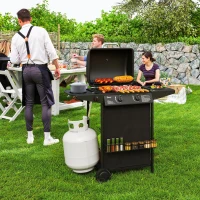 Outsunny 2+1 Burner Propane Gas BBQ Grill, Portable Gas Barbecue Grill with Side Burner, Thermometer, Lid, Side Table, Shelf, Spice Rack, Wheels, Grease Cup for Garden, Black(m-8)