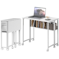 HOMCOM Folding Computer Desk, Foldable Desk with Storage Bag, Shelf and Wheels for Small Spaces, Home Office, White
