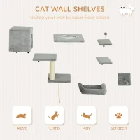 PawHut Cat Wall Shelves Set of 7, Shelves and Perches with House, Sisal Post Ladder, Bed & Ball, Grey(m-4)