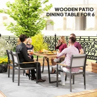 Outsunny Wooden Outdoor Dining Table for 6 with 2" Umbrella Hole, Slatted Tabletop, Metal Frame, for Yard, Deck, Lawn(m-4)