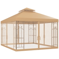 Outsunny 10' x 12' Patio Gazebo with Corner Frame Shelves, Double Roof Outdoor Gazebo Canopy Shelter with Netting, Brown