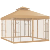 Outsunny 10' x 12' Patio Gazebo with Corner Frame Shelves, Double Roof Outdoor Gazebo Canopy Shelter with Netting, Brown(m-1)