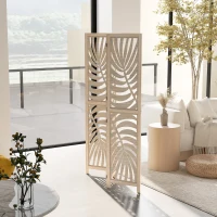 HOMCOM 3 Panel Room Divider, Detachable Folding Privacy Screens with Palm Leaf Design for Home Office, Natural Wood Finish(m-10)