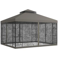 Outsunny 10x12 Gazebo with Shelves, Double Roof, and Netting for Outdoor Use, Perfect for Family Gatherings, Gray(m-1)