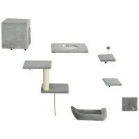 PawHut Cat Wall Shelves Set of 7, Shelves and Perches with House, Sisal Post Ladder, Bed & Ball, Grey(m-2)