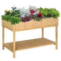 Outsunny 43.25" x 18" x 30" Raised Garden Bed, Wooden Plant Stand with 8 Grid Box, Storage Shelf for Outdoor, Natural Wood Colour(m-13)