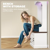 HOMCOM 3-in-1 Hall Tree with LED Lights and Bench, Coat Rack with Shoe Storage, White Wood Grain with Light(m-7)