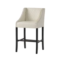 Elegant Barstool with Quilted Bonded Leather, Sturdy Wooden Legs, Curved Armrests, No Assembly Required, 21" L x 22" W x 38.5" H, Ivory(m-8)