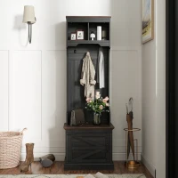 HOMCOM 3-in-1 Hall Tree with Shoe Storage, Coat Rack with Bench, Entryway Furniture with Five Hooks, Black Wood Grain(m-9)