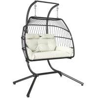 Outsunny Double Wicker Egg Swing Chair with Stand, Foldable Hanging Egg Chair with UV Resistant Cushion, Headrest, Cream White(m-11)