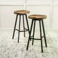 Set of 2 Industrial Barstools with Rust-Finish Iron Frame & Pinewood Seat(m-1)