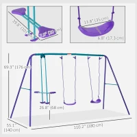 Outsunny 3 in 1 Metal Swing Set with Double Swings, Glider for Backyard, Outdoor, Playground, Purple(m-3)